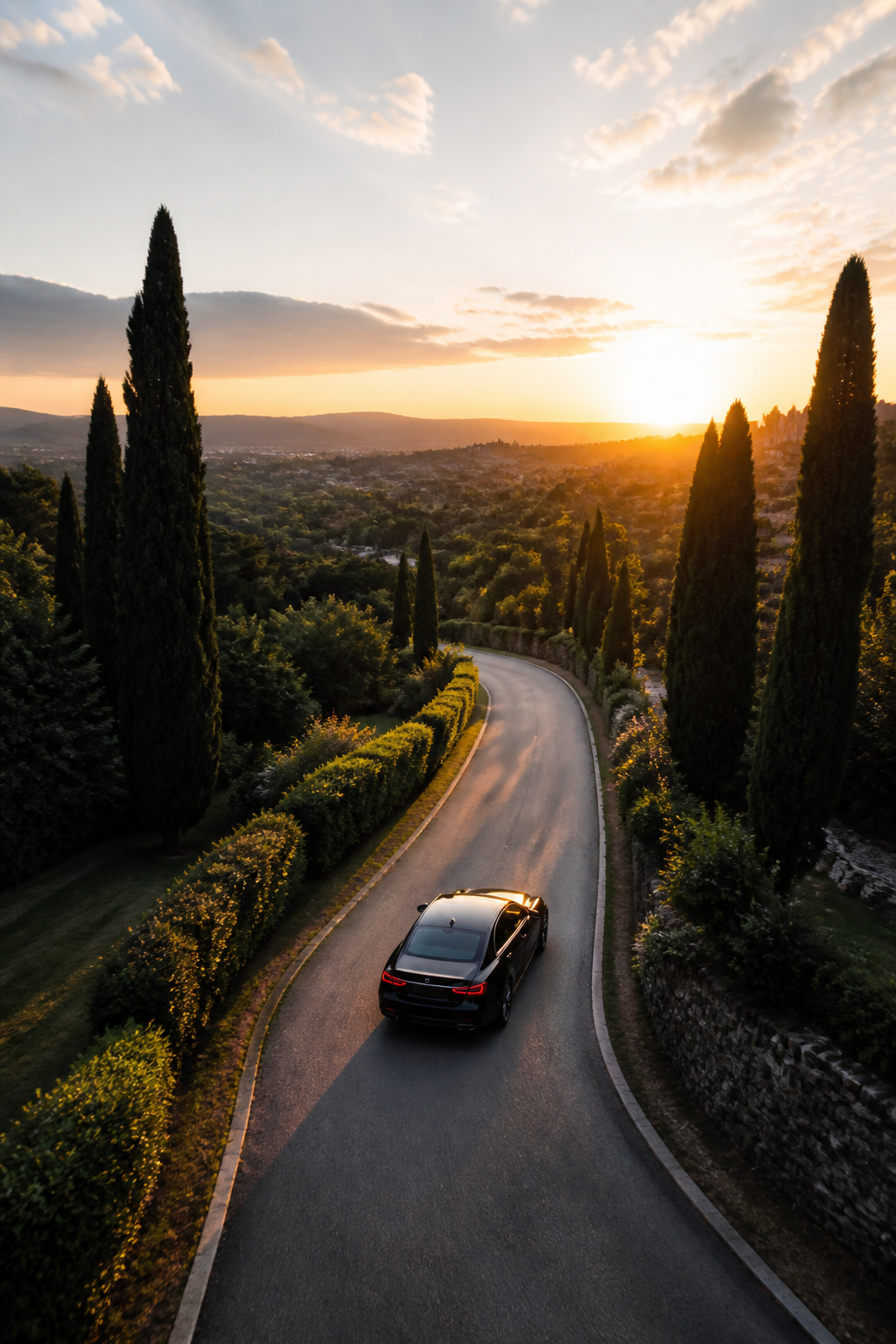 A car traveling on a tree-lined road at sunrise